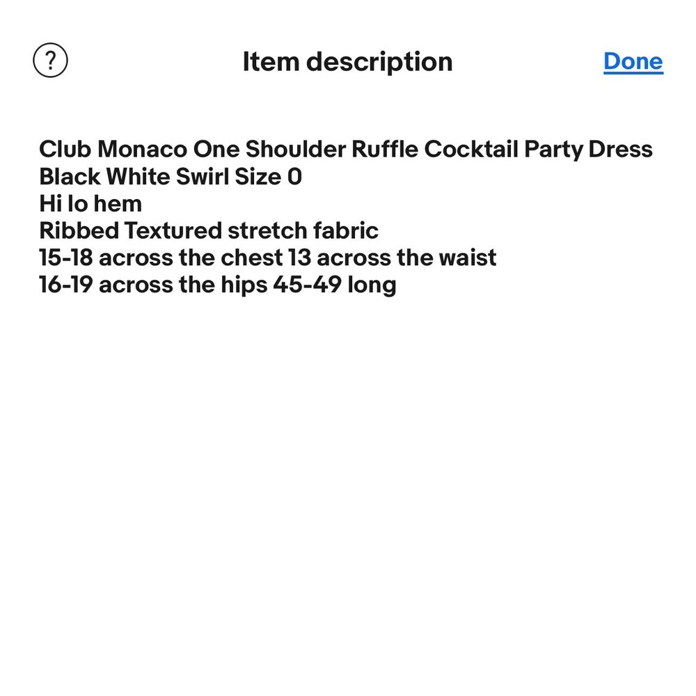 Club Monaco One Shoulder Ruffle Cocktail Party Dress Black White Swirl Stretch 0 - Picture 6 of 6